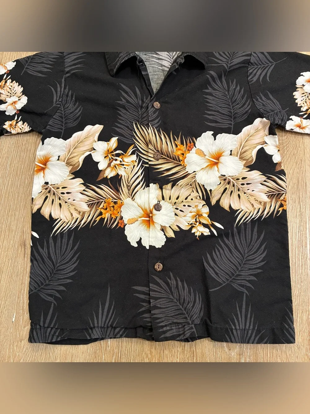 Pacific Legend Kids Hawaiian Aloha Shirt Black Floral Hibiscus 100% Cotton USA S